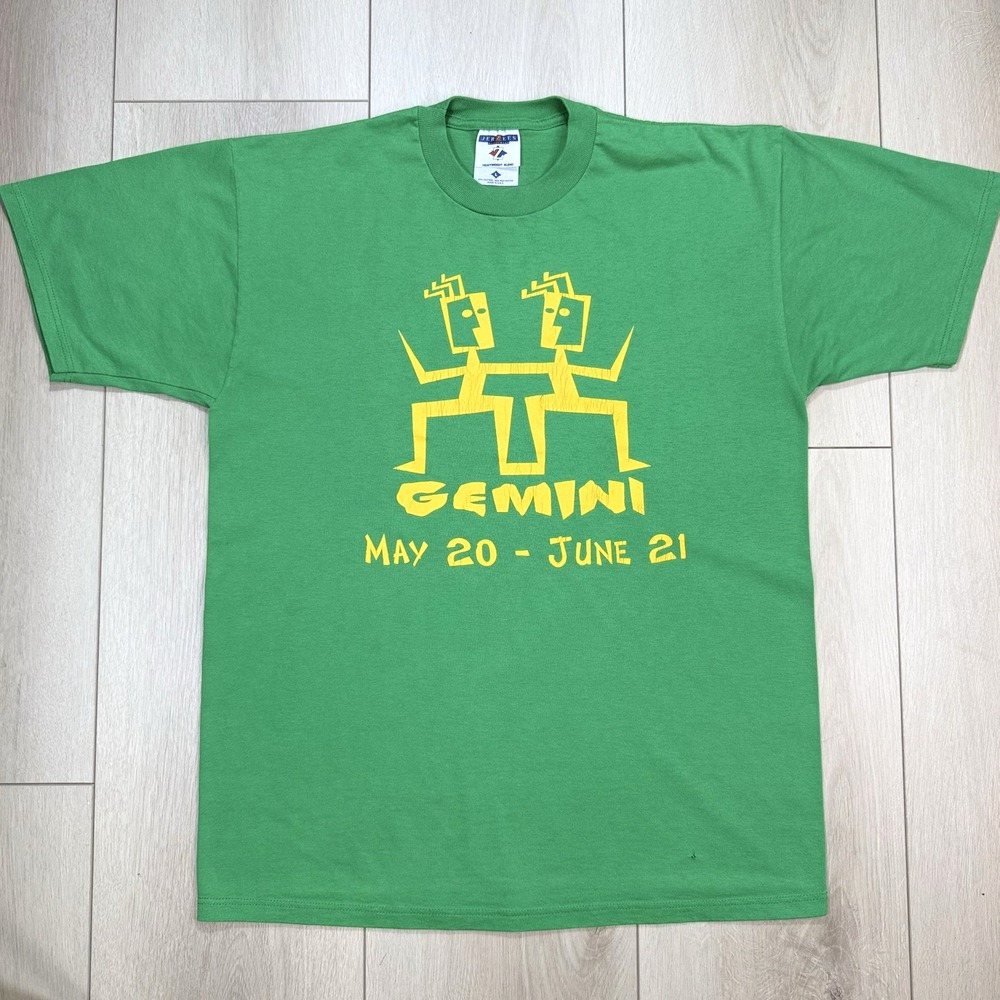 VTG Large Gemini Zodiac Graphic T Shirt Jerzees USA Green Yellow Horoscope Tee